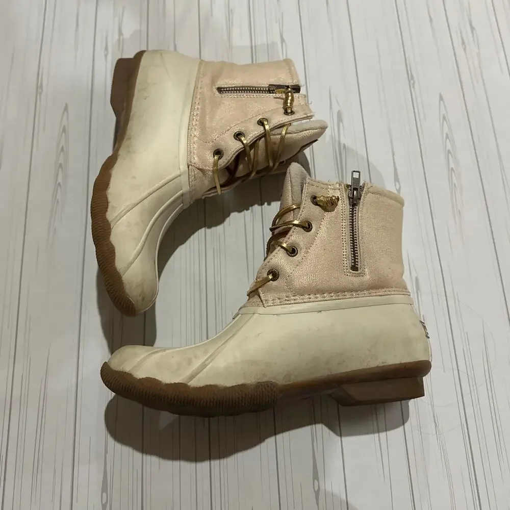 Womens Sperry Top-Sider Saltwater Canvas Rain Boots Oat/Gold Waterproof Rubber